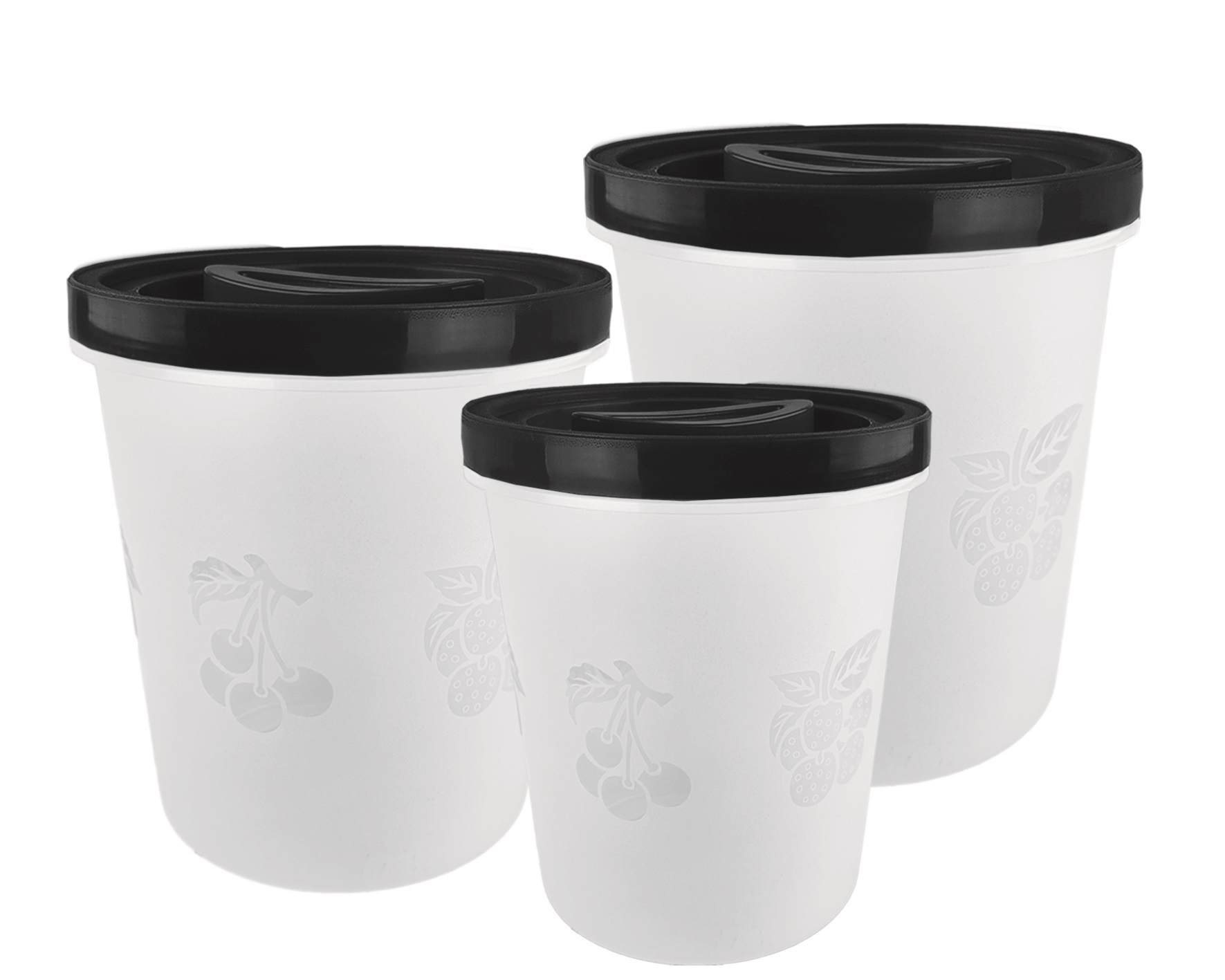 CONJUNTO COM 3 POTES ALTOS FRUTAS- TAMPA PRETA